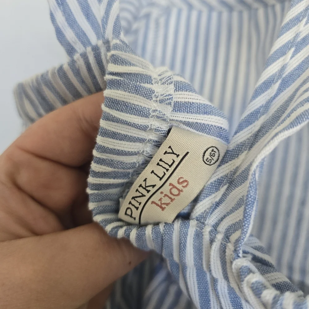 Pink Lily | Girls Blue Seersucker Romper | Small (size 5/6) - Picture 4 of 5